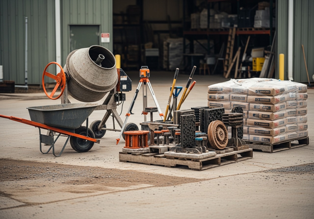 Concrete work site with tools and equipment ready for installation; professional crew setup.