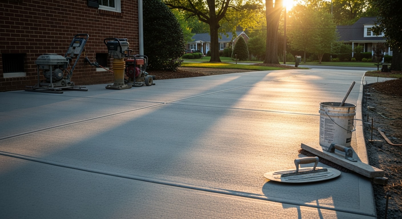 Finished concrete driveway with decorative stamping