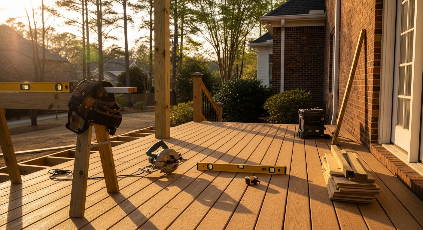 Newly constructed wooden deck attached to residential home