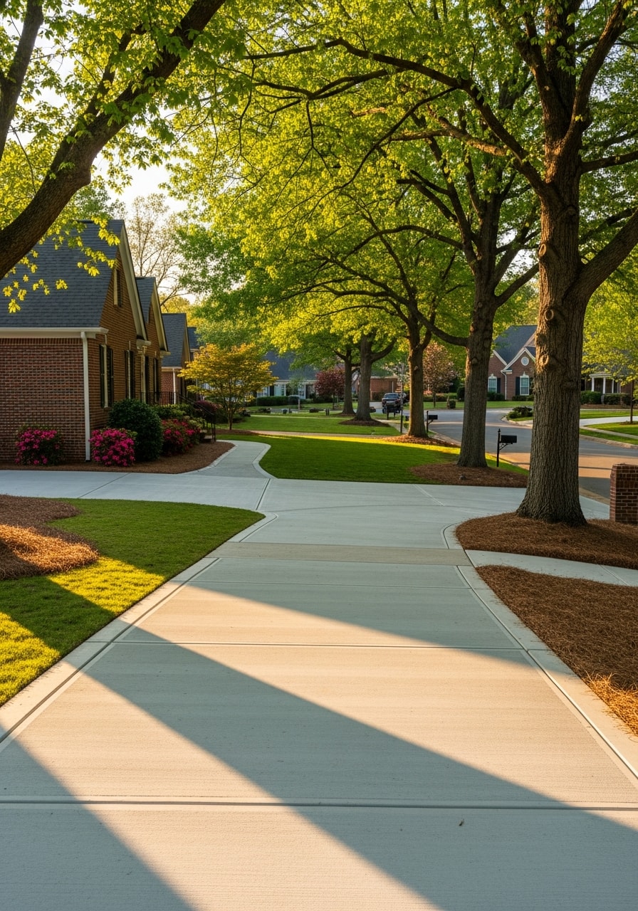 Suburban Mecklenburg County residential street with mature trees, well-maintained homes, and professional landscaping.