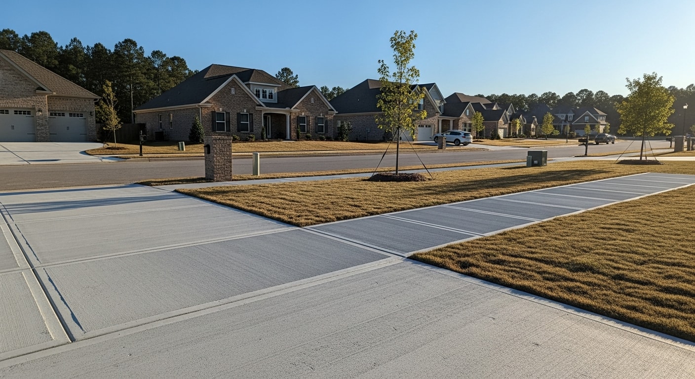 Suburban residential neighborhood in Union County with new construction homes and manicured lawns under clear sky.