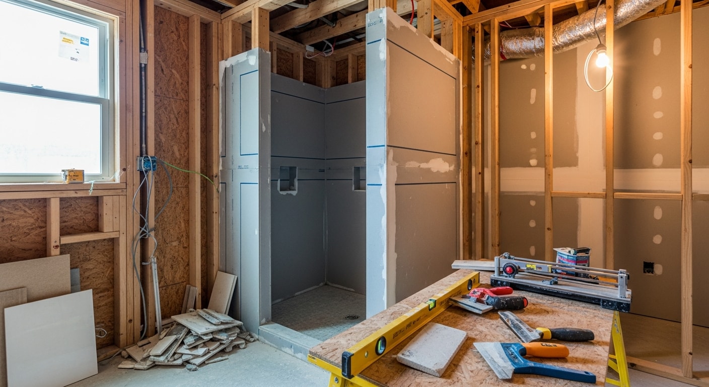A finished bathroom remodel in a Union County, NJ home showing a walk-in shower with tile walls, a new vanity, and updated fixtures. The space reflects a clean, functional layout typical of remodeled older homes in the area.