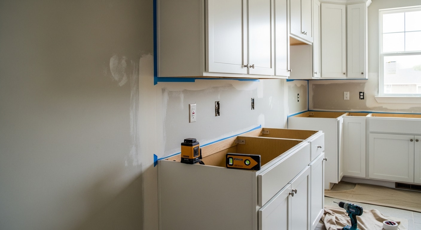 Newly installed kitchen cabinets with clean wall-to-cabinet seams in a Union County home. Upper and lower cabinet rows are level and fully secured, with open space ready for countertop installation.