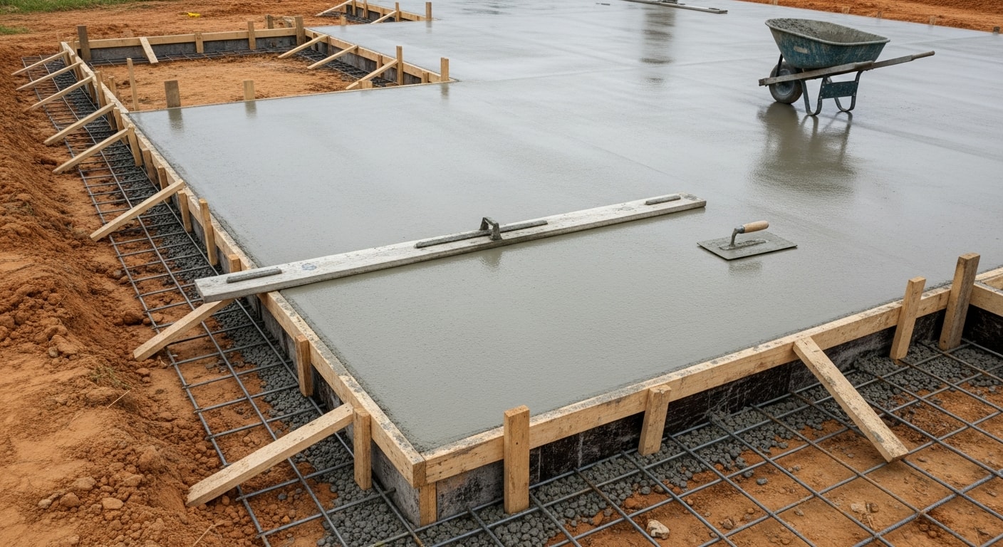 A freshly poured concrete foundation with steel reinforcement visible at a residential construction site in Union County, New Jersey. The formed concrete walls and level footing are set and ready for framing.