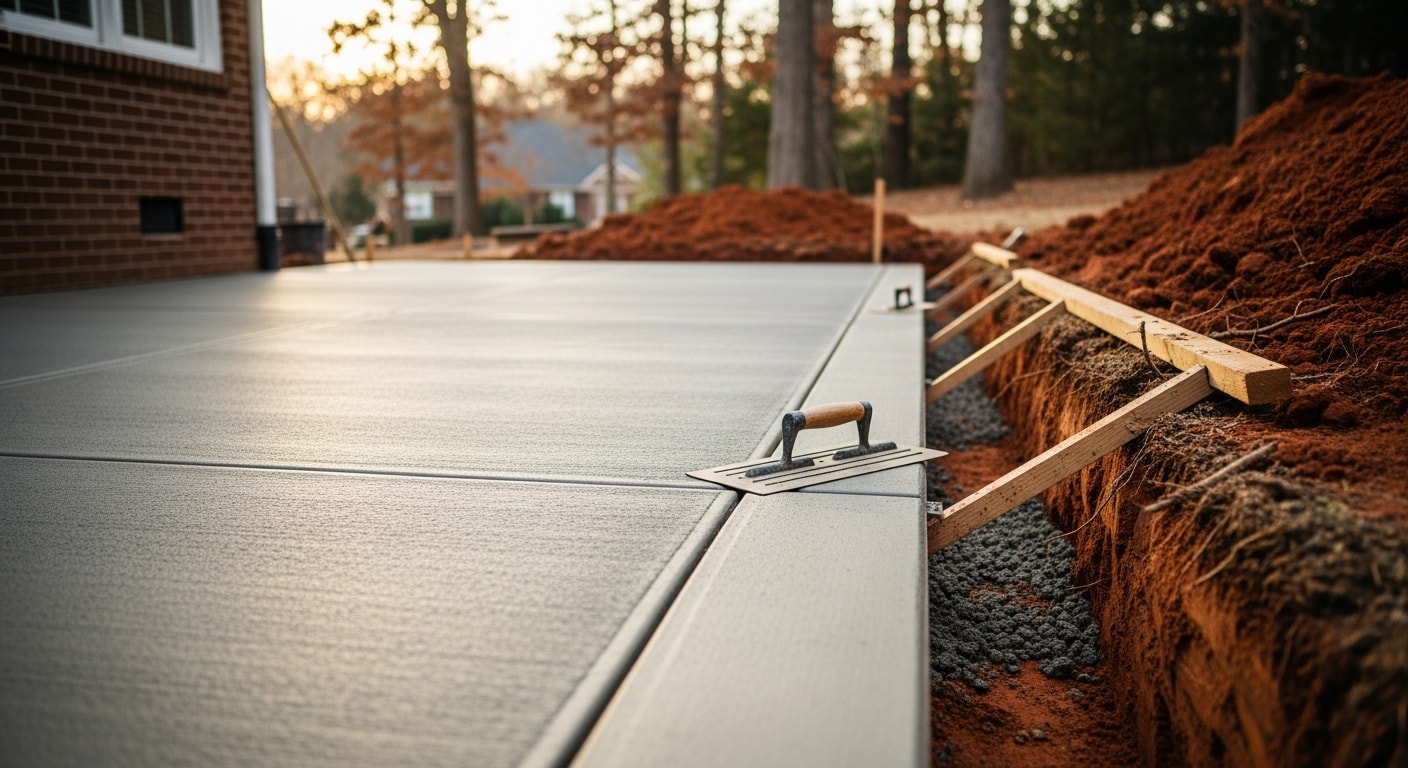 A freshly poured broom-finish concrete patio behind a residential home in Union County, with clean edges and a slight slope away from the house foundation. The slab is set at ground level with a compacted base visible at the perimeter edge.