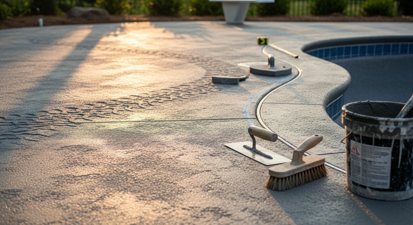 Freshly installed concrete pool deck with a broom-textured finish surrounding an in-ground pool in a Union County residential backyard. The deck surface slopes away from the pool edge with clean, defined joints visible across the slab.