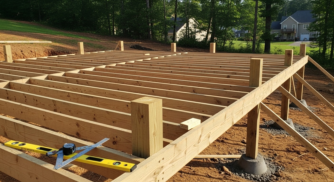 Deck framing in progress at a Union County residential property, showing pressure-treated posts, beams, and evenly spaced joists set on concrete footings. The frame is attached to the rear of a single-story home with a ledger board visible along the house wall.