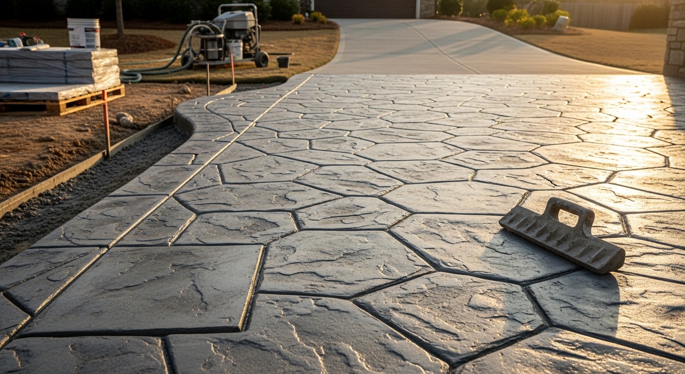 A freshly stamped concrete patio in Union County with a slate-pattern finish and integral color, adjoining a residential backyard. The surface shows clean joint lines and a sealed finish consistent with Out & In Concrete's decorative concrete stamping work.
