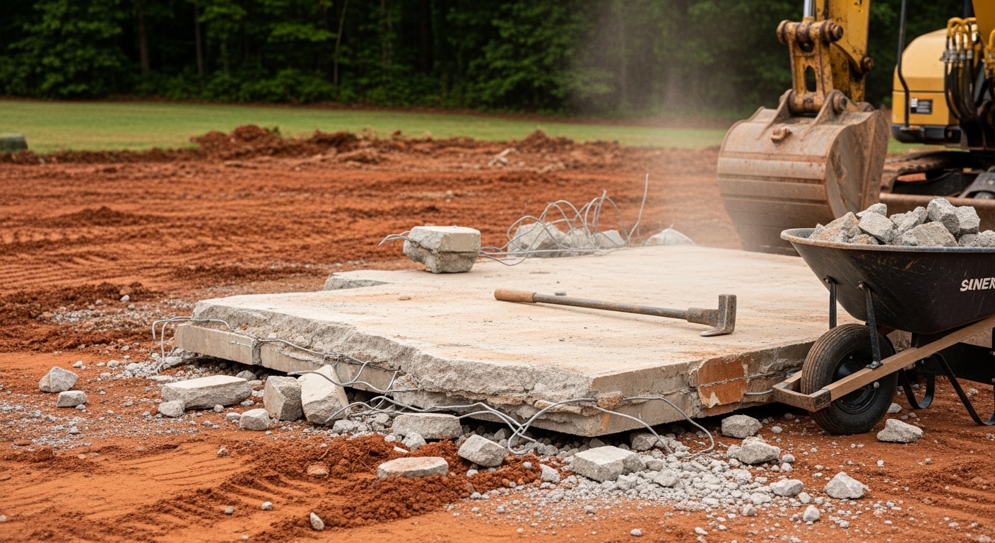 A concrete slab and foundation being demolished by excavation equipment on a cleared residential lot in Union County. Broken concrete rubble is piled at the edge of the site, ready for hauling.