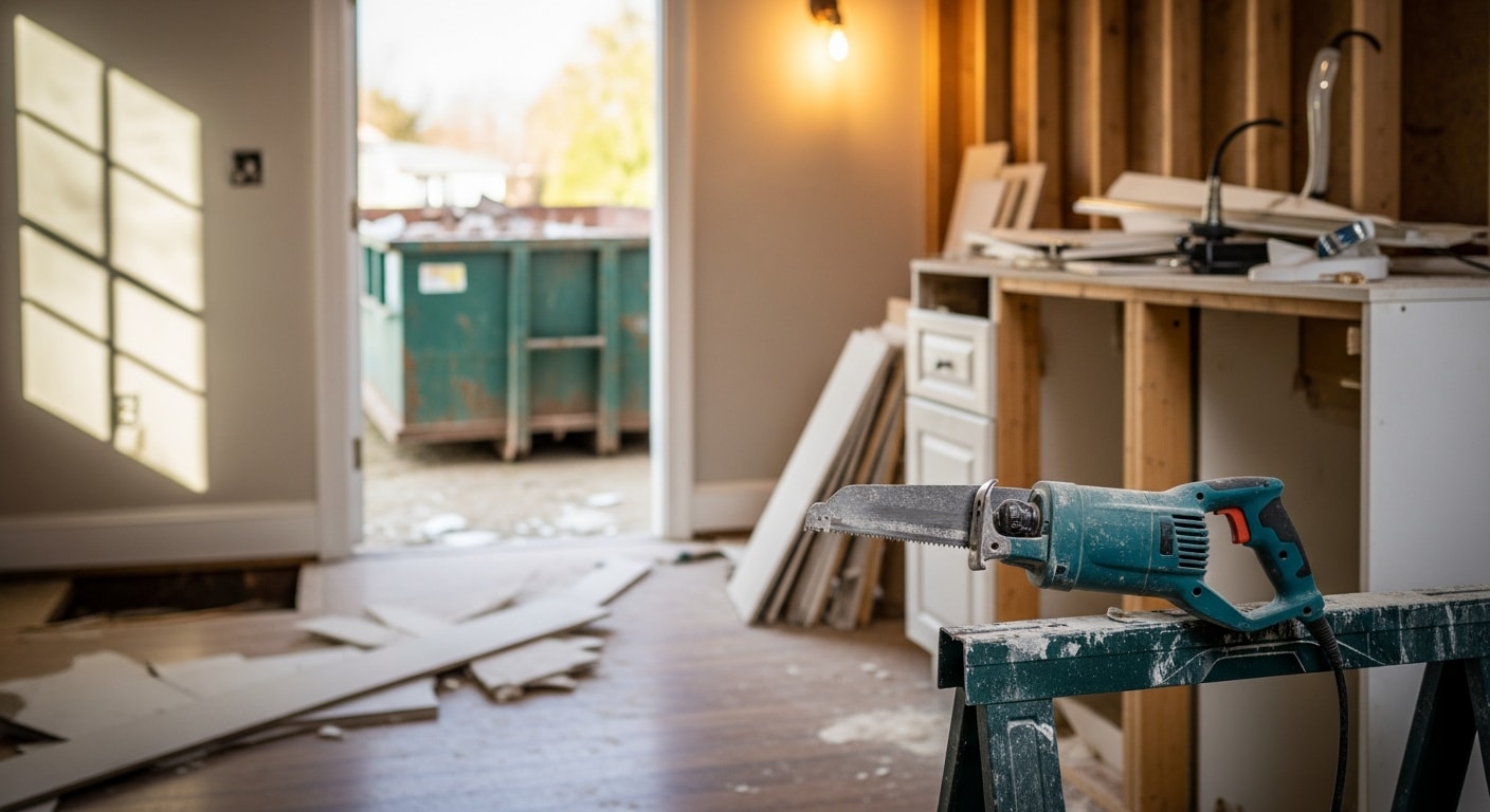Interior demolition in progress inside a Union County, NJ home, with walls stripped to the studs and flooring removed down to the subfloor. The cleared room is prepped and ready for the next phase of remodeling.