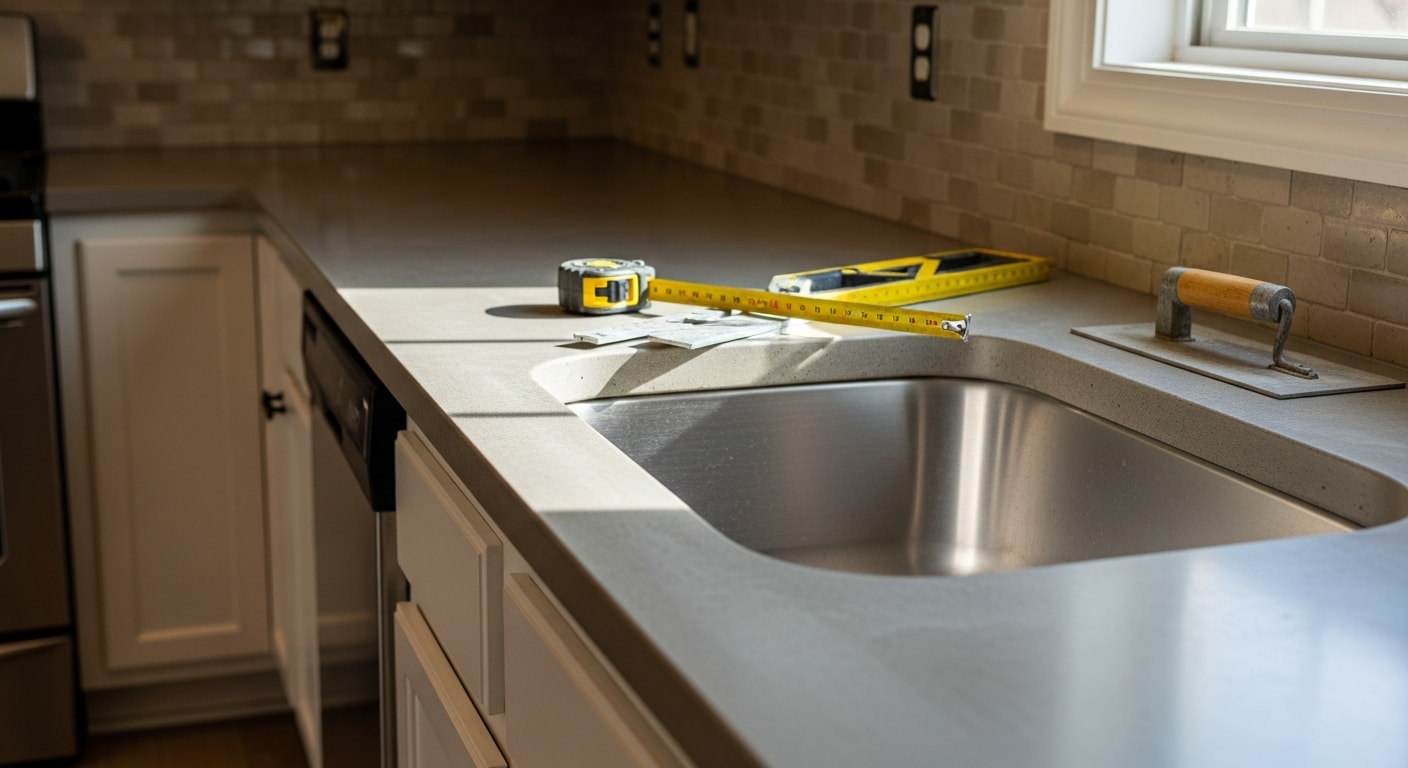 A freshly installed kitchen countertop in a Union County home, showing clean edge cuts around a drop-in sink and smooth surface across full cabinet run. The kitchen features standard upper cabinets and a window above the sink area.