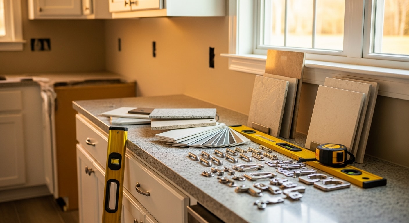 Remodeled kitchen in a Union County home showing updated cabinetry, new countertops, and improved lighting over a functional prep and cooking layout. The finished space reflects a clean, practical design suited to everyday household use.