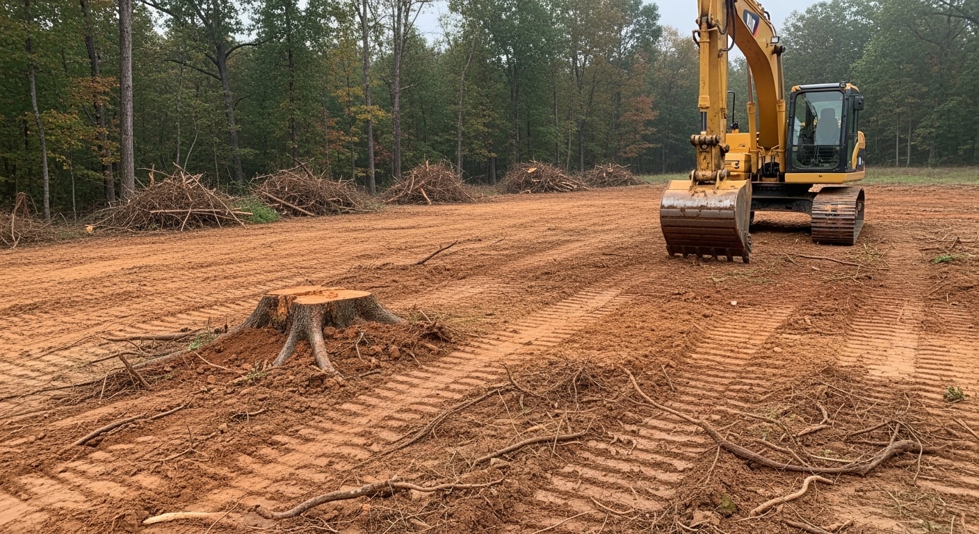 A cleared and rough-graded lot in Union County with stumps and brush fully removed, showing bare soil ready for excavation or concrete work. Heavy equipment tracks are visible across the leveled ground.