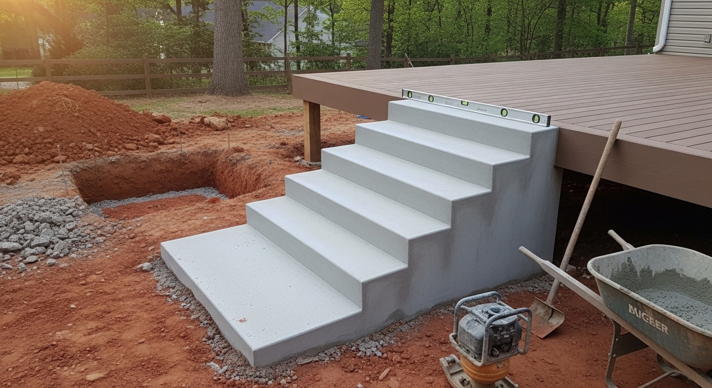 Newly installed concrete outdoor stairs leading from a wood deck to a backyard patio at a single-family home in Union County, NJ. The steps are level, clean-edged, and set flush against the deck frame with a compacted gravel base visible at the footing.