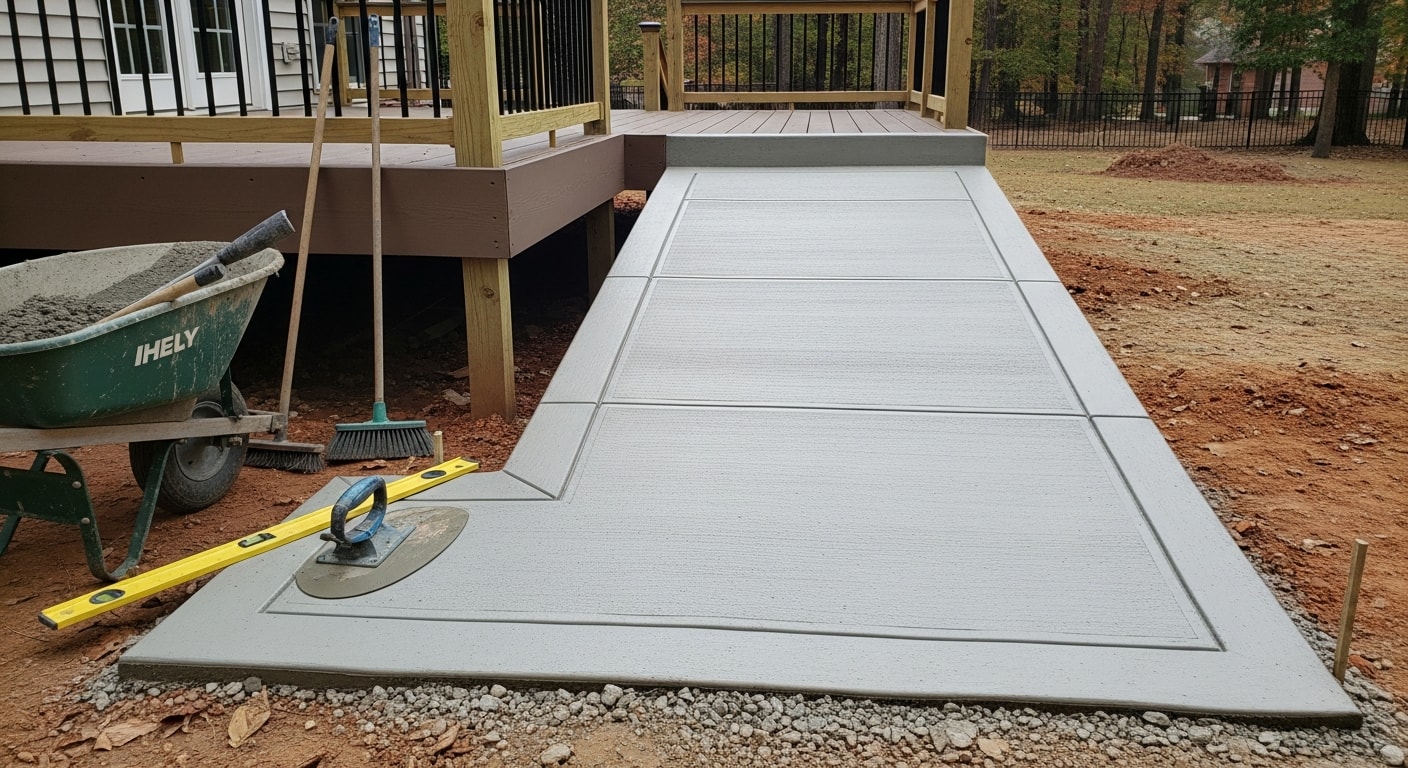 A freshly poured concrete ramp with a textured broom finish leading from a residential entry to a patio surface in Union County, NC. The ramp includes a level landing at the top and bottom with clean formed edges.