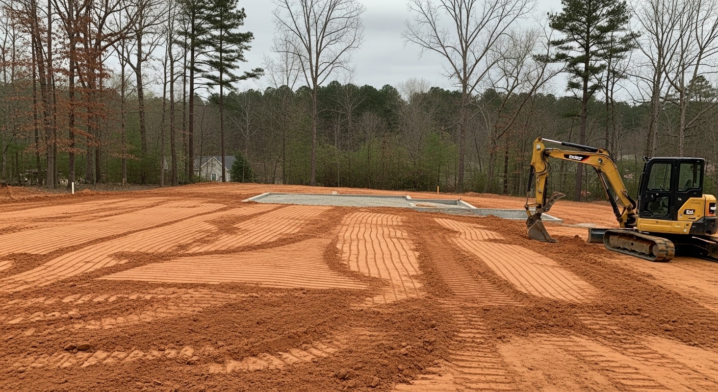 A Union County residential lot with freshly graded soil sloping away from a concrete foundation, showing smooth, compacted earth ready for construction. An excavation machine sits in the background on a clear day.