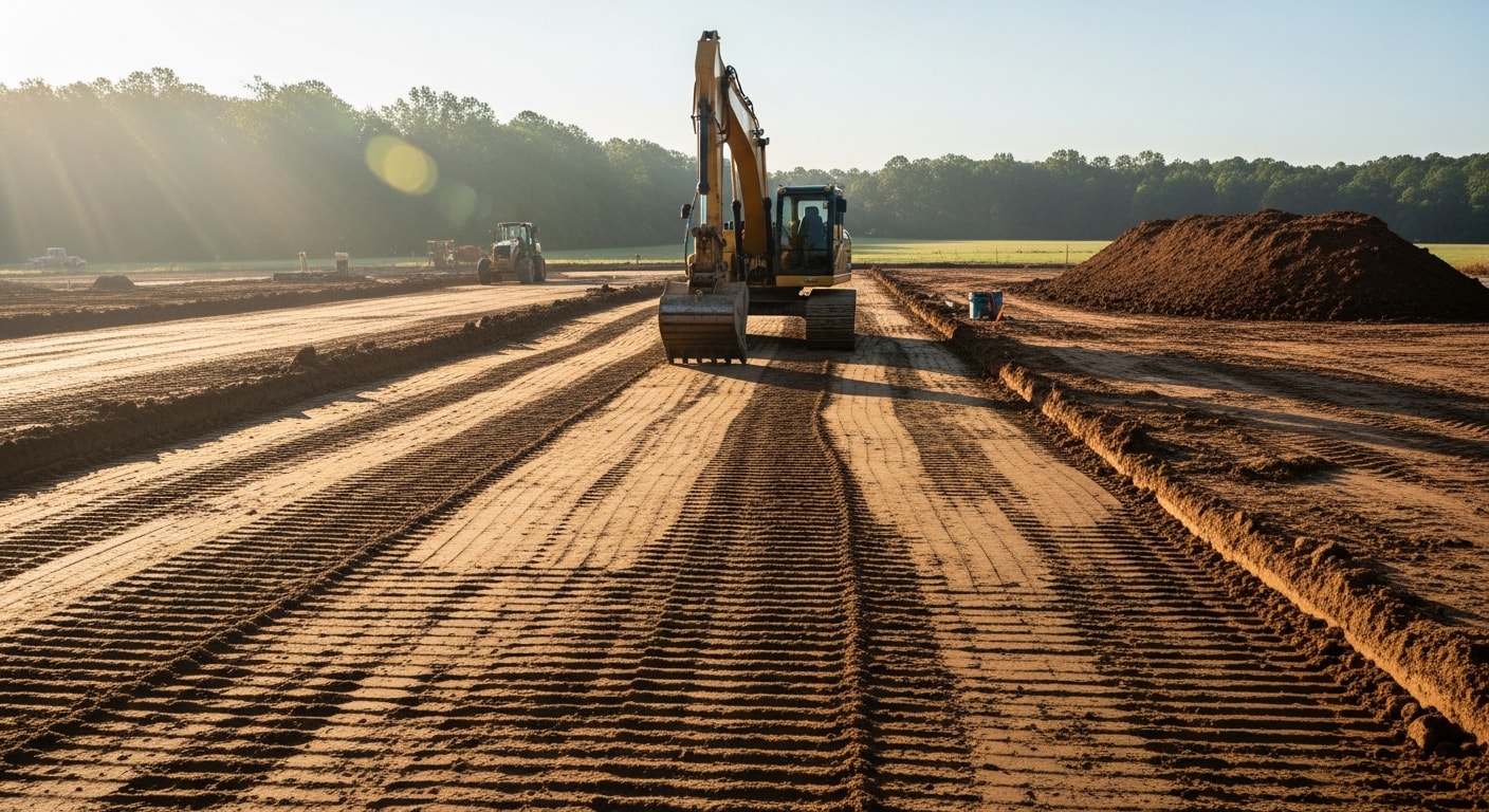 Excavation contractor grading and leveling a residential construction site in Union County, NJ. Cleared ground shows compacted subbase ready for concrete work.
