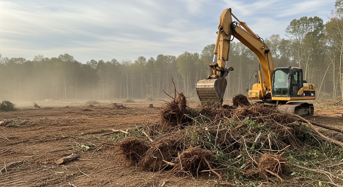 A Union County property lot after professional vegetation removal by an excavation contractor, showing cleared ground with stumps and brush removed and bare soil ready for grading. Heavy excavation equipment is visible at the edge of the cleared site.