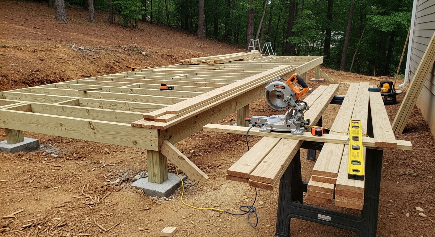 A newly constructed wooden deck attached to the back of a residential home in Union County, NJ, featuring natural wood decking boards, a railed staircase, and a level surface overlooking a grassy backyard.